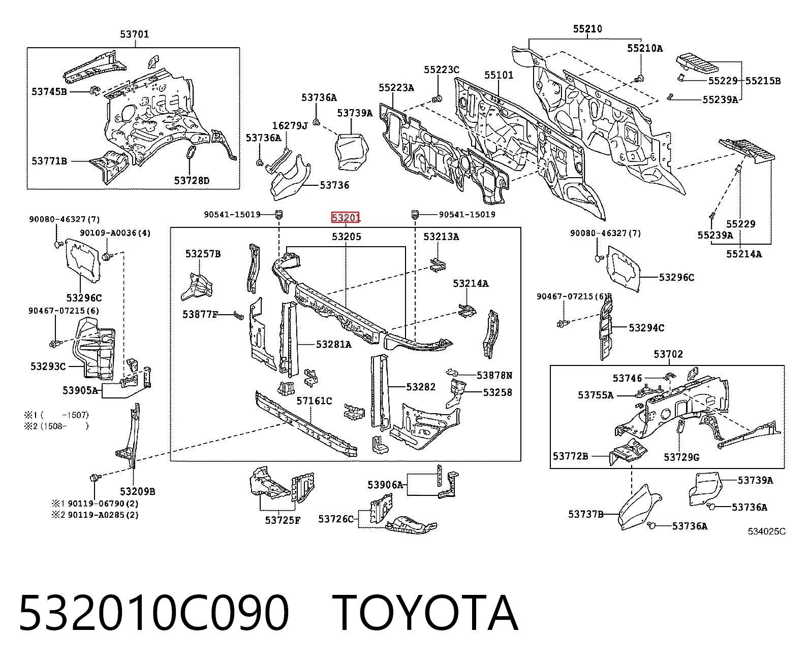532010C090 Toyota Suporte do radiador montado (painel de montagem de fixação das luzes)