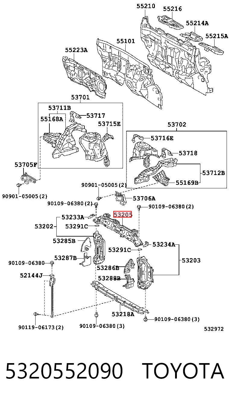 5320552090 Toyota Suporte superior do radiador (painel de montagem de fixação das luzes)
