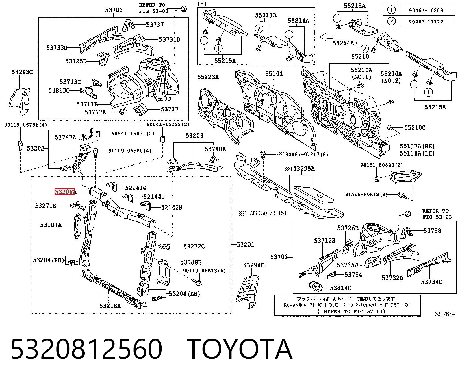 5320812560 Toyota Suporte superior do radiador (painel de montagem de fixação das luzes)