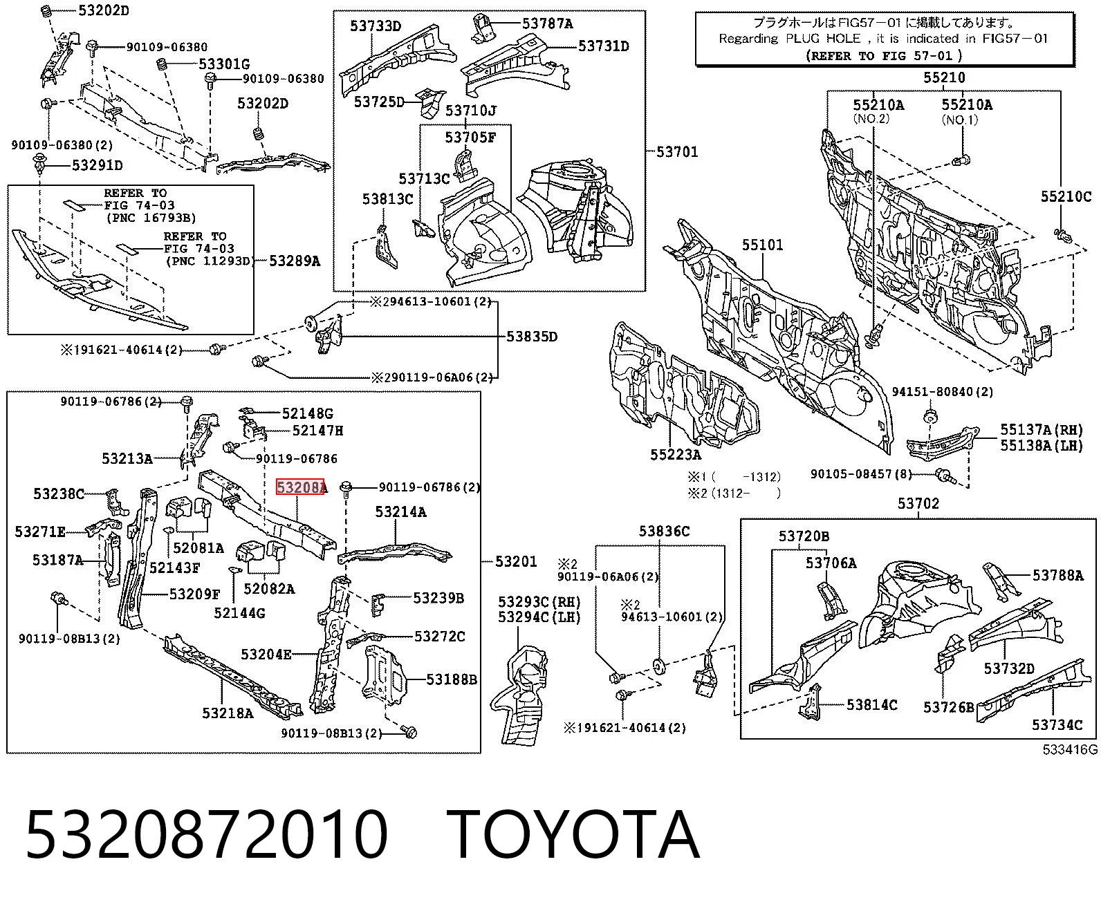 5320872010 Toyota Suporte superior do radiador (painel de montagem de fixação das luzes)
