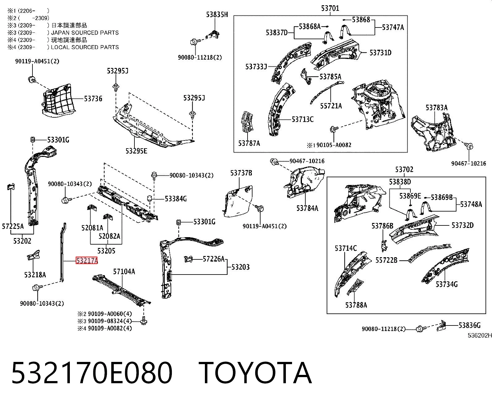 532170E080 Toyota Consola do fecho da capota