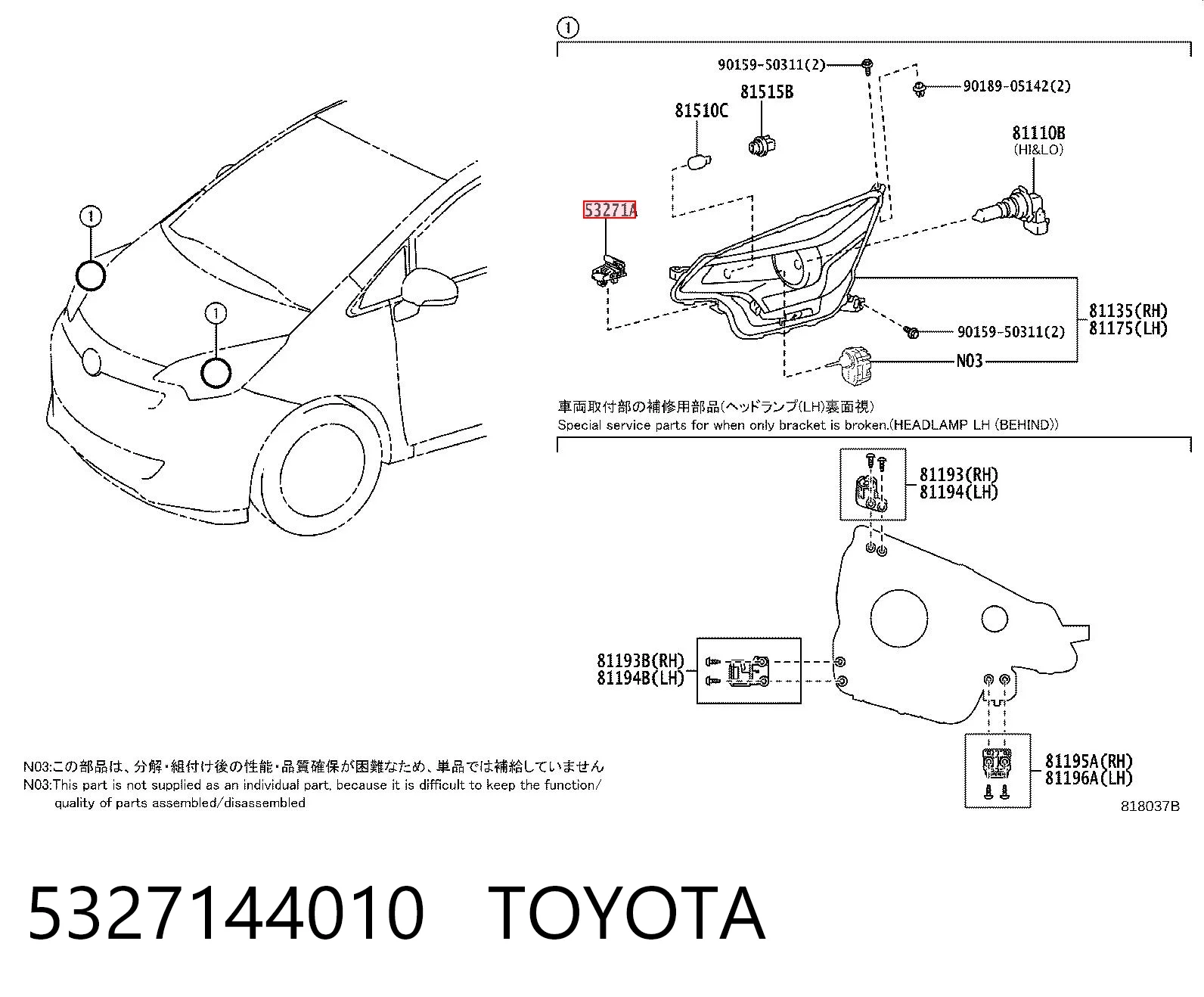 5327144010 Toyota Consola (adaptador) de fixação das luzes dianteiras
