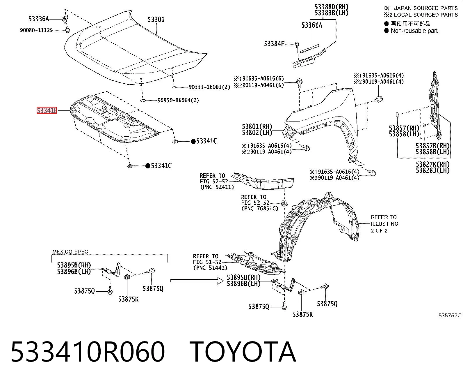 533410R060 Toyota Isolamento de ruído da capota