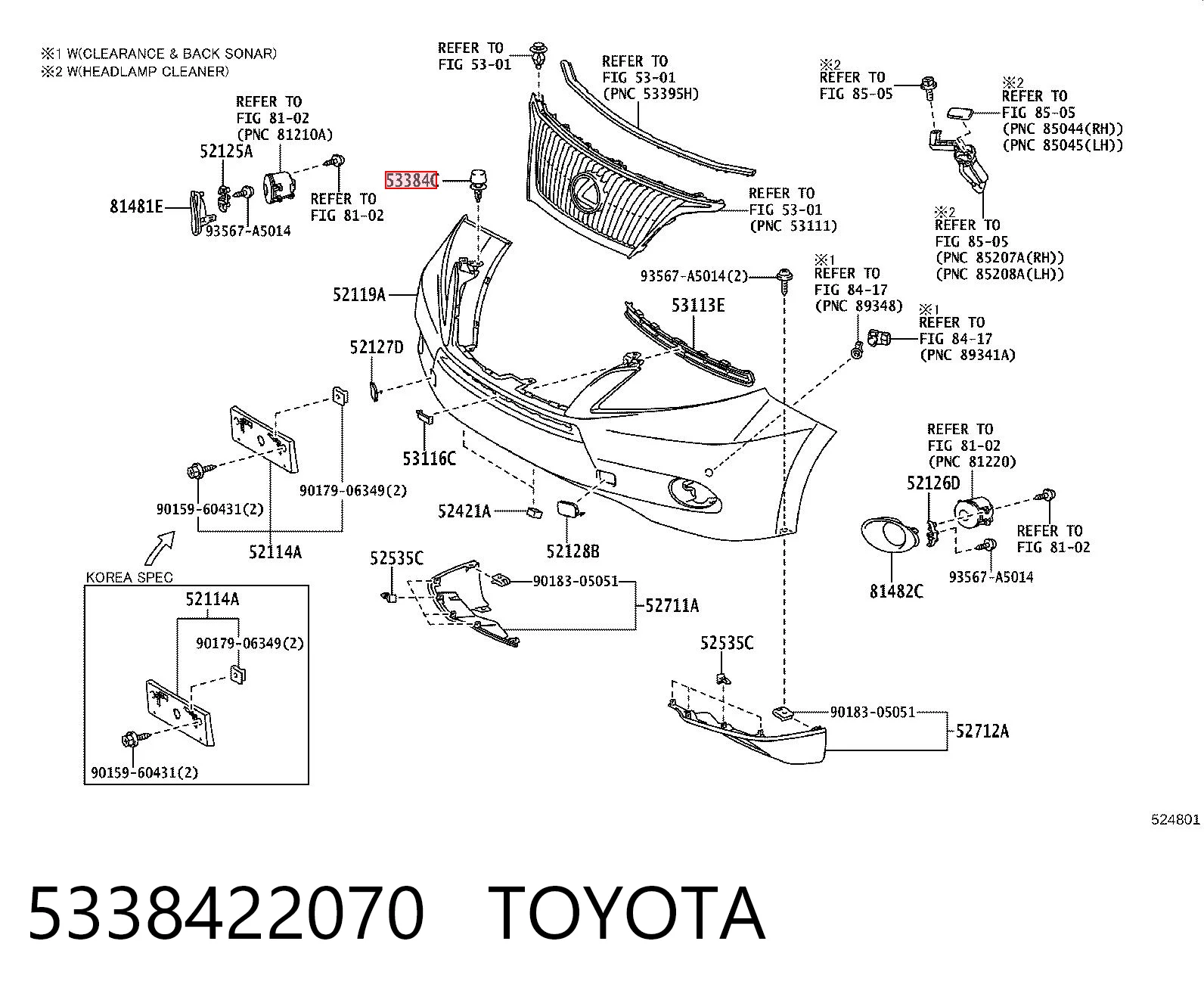 5338422070 Toyota Cápsula (prendedor) de fixação de grelha do radiador ao panel