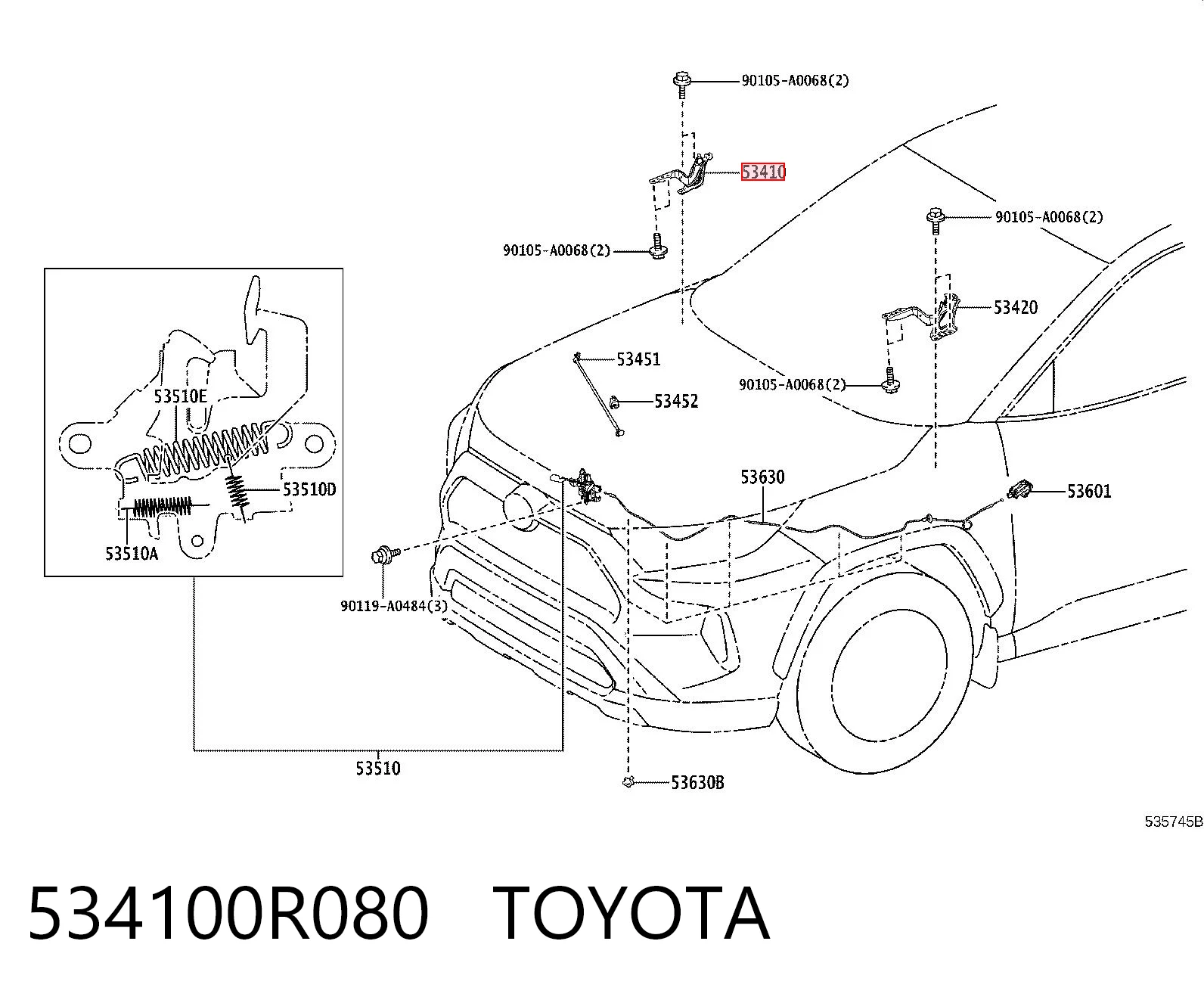 534100R080 Toyota Gozno da capota direito