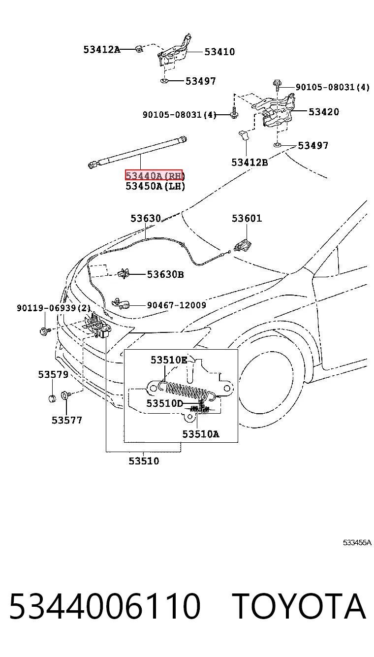 5344006110 Toyota Amortecedor da capota direito