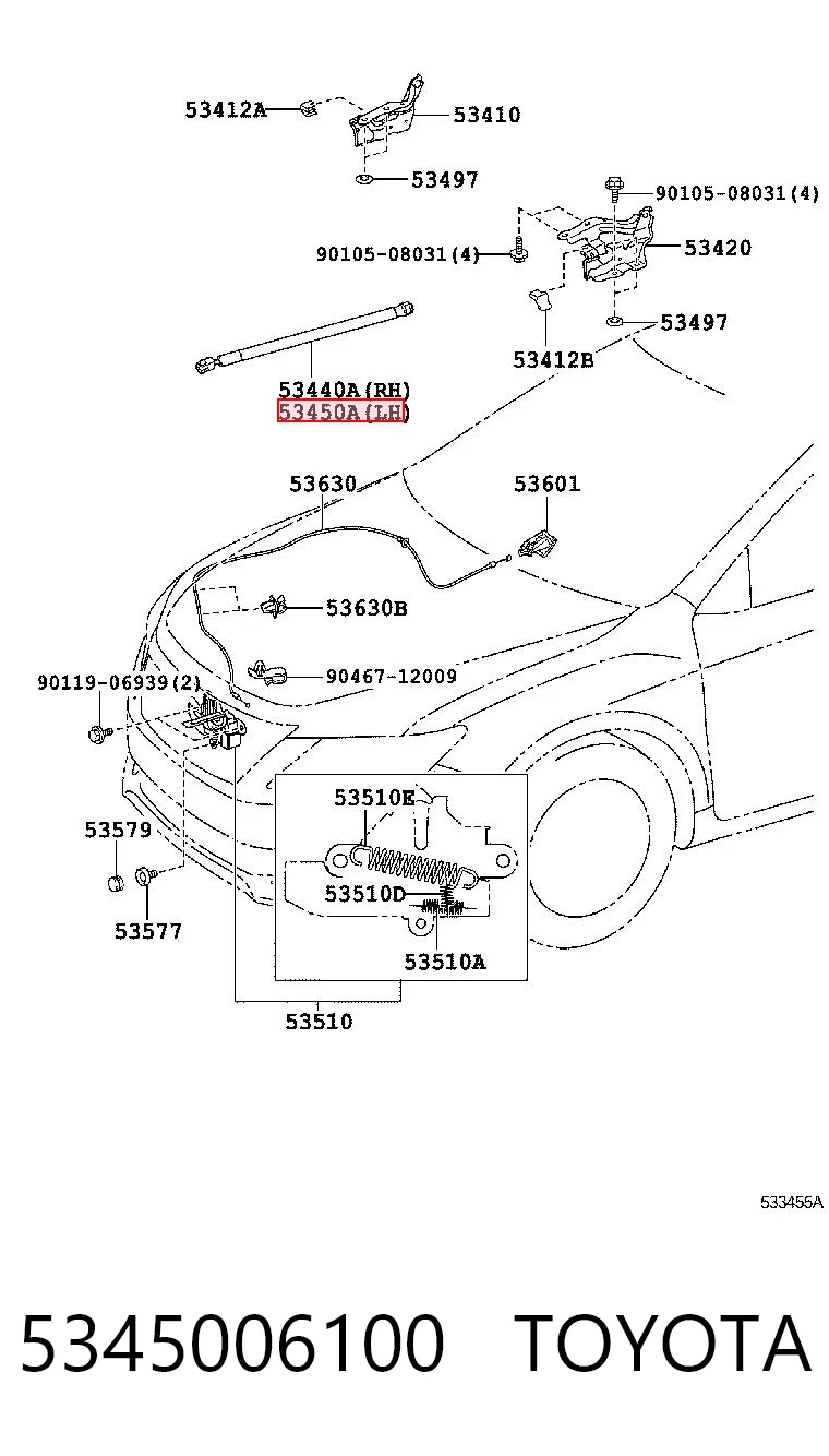 5345006100 Toyota Amortecedor da capota esquerdo