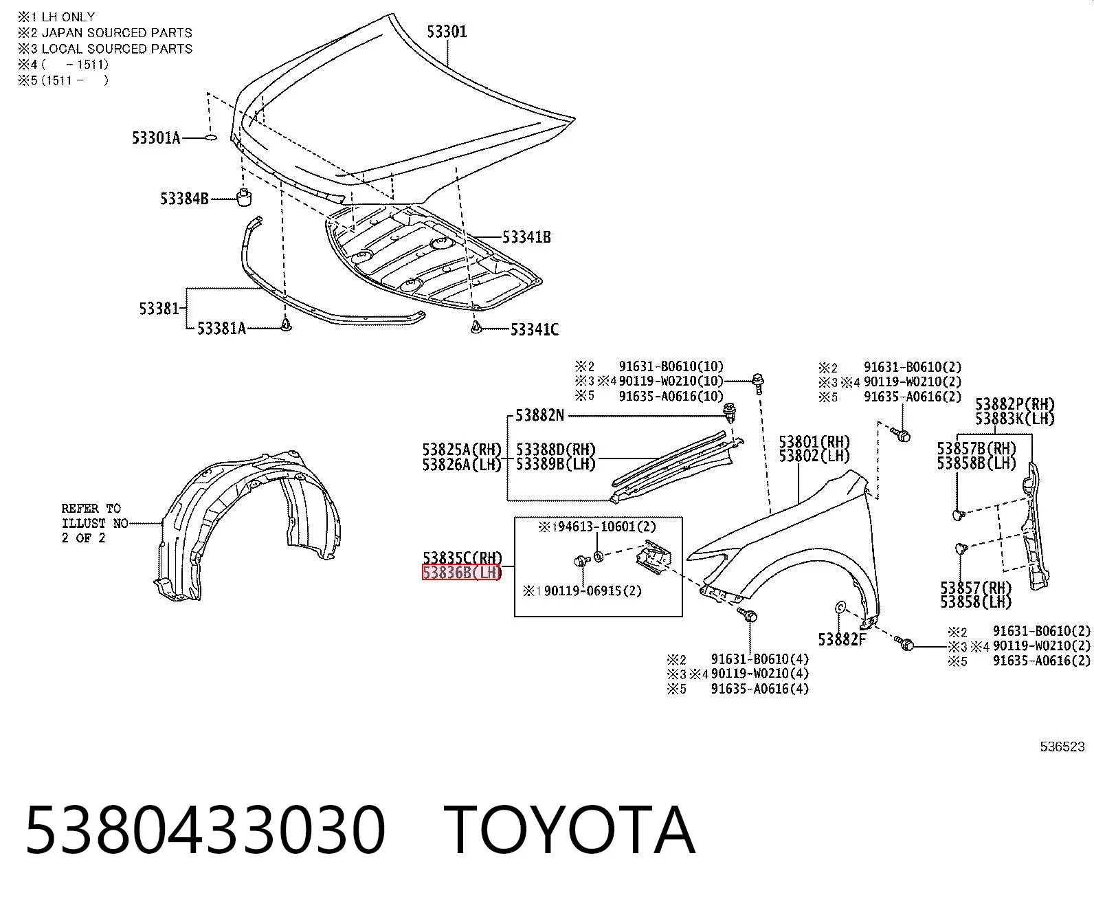 5380433030 Toyota Consola dianteira de fixação do pára-lama dianteiro esquerdo