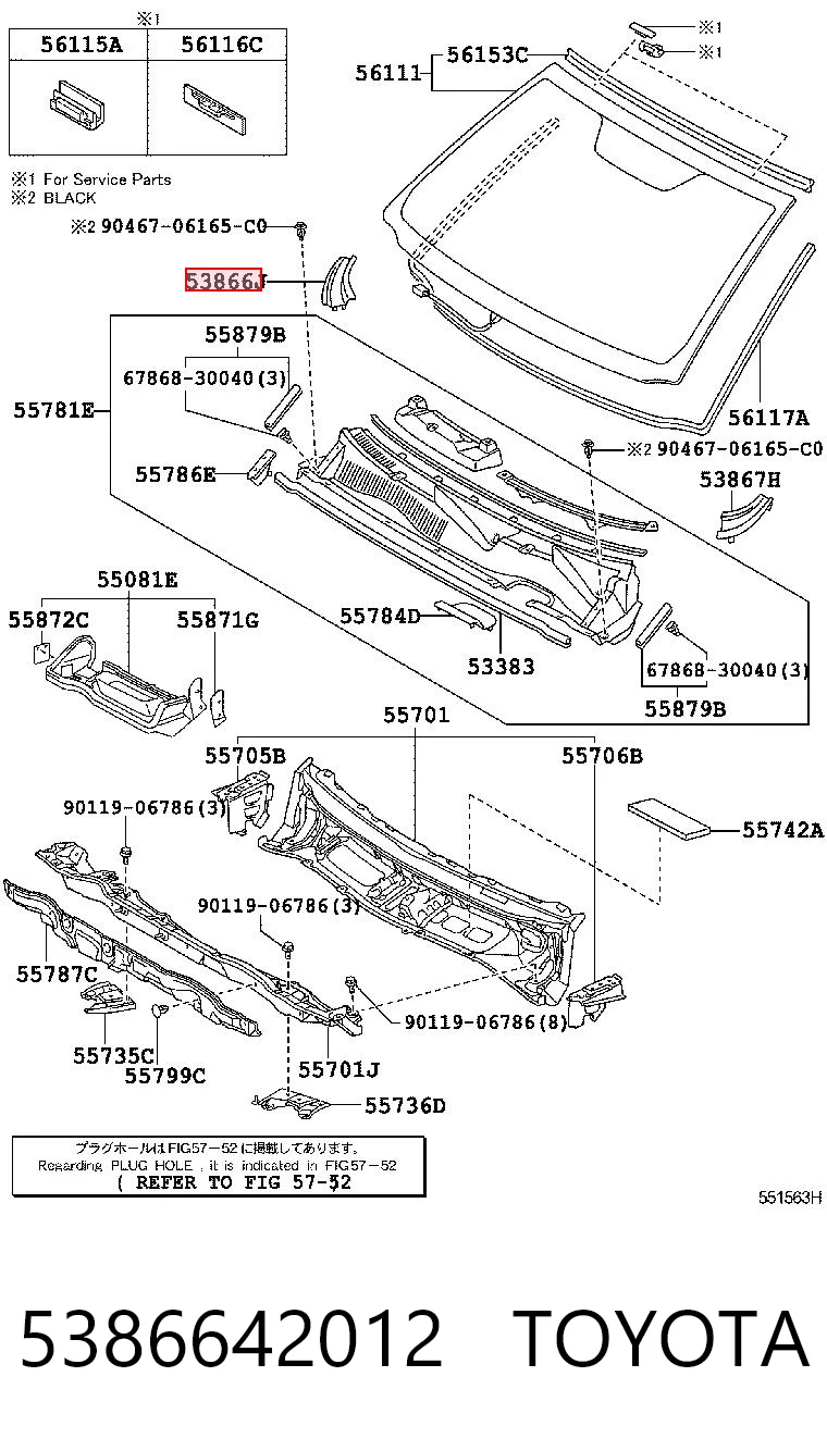 5386642012 Toyota Moldura direita de pára-brisas