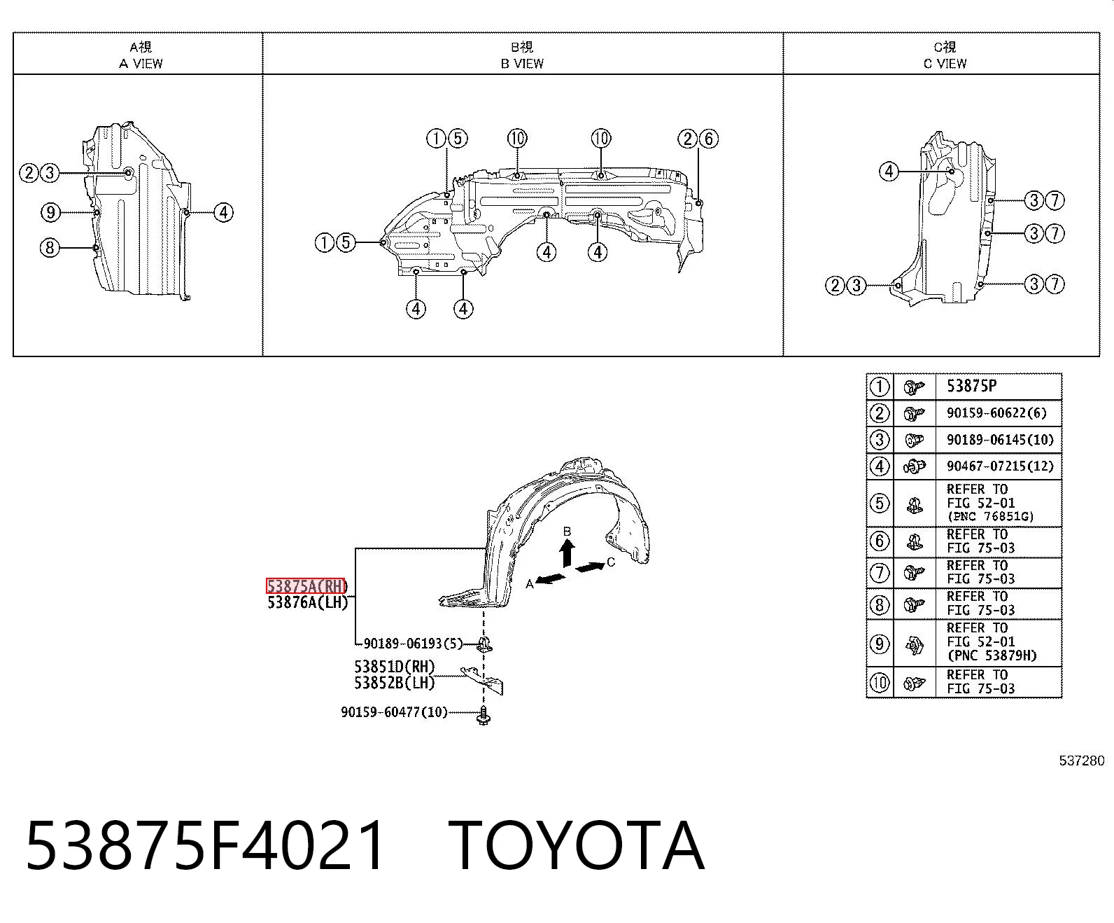 53875F4021 Toyota Guarda-barras direito do pára-lama dianteiro