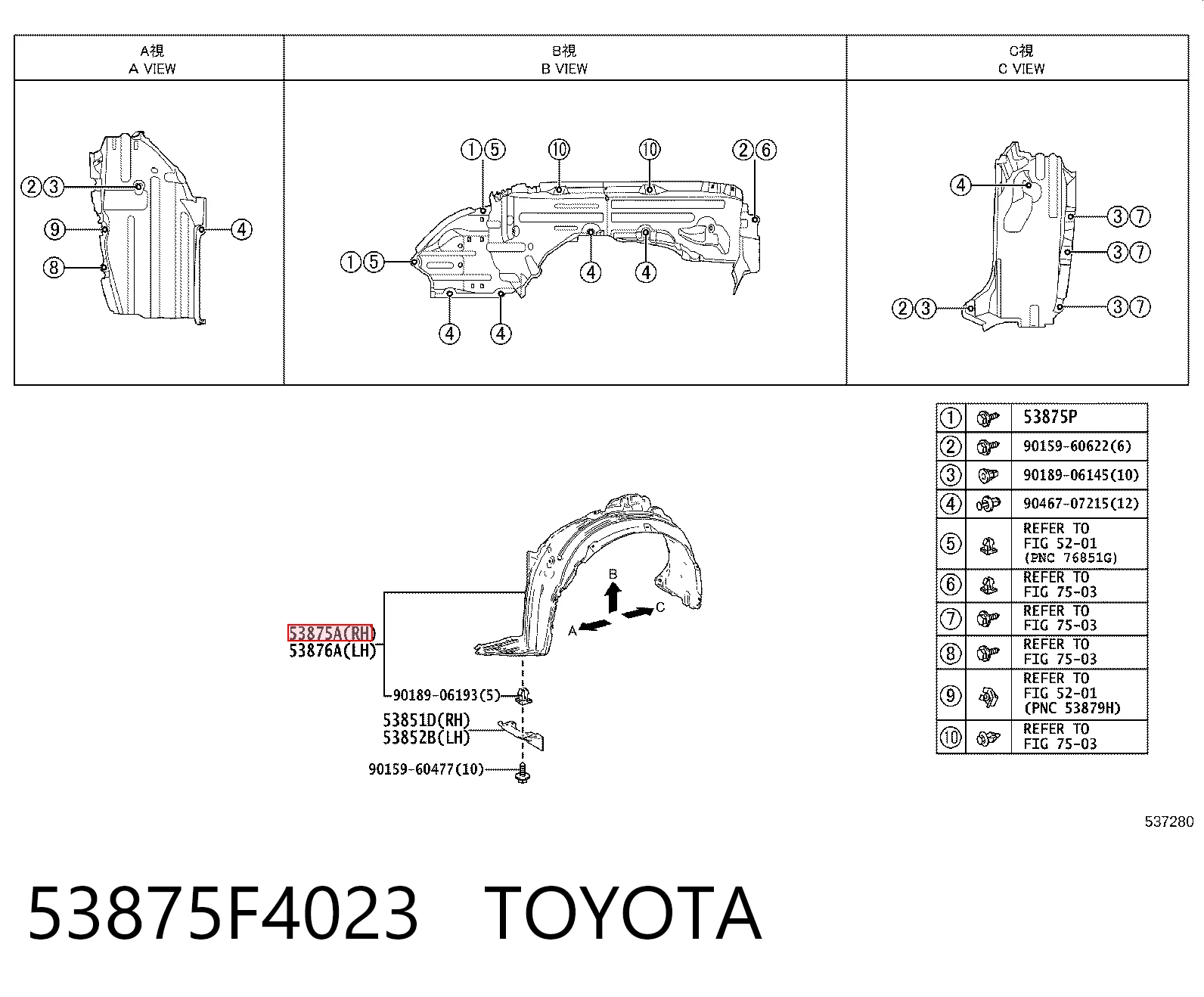 53875F4023 Toyota Guarda-barras direito do pára-lama dianteiro