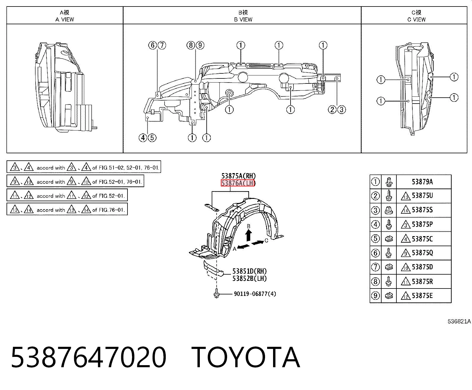 5387647020 Toyota Guarda-barras esquerdo do pára-lama dianteiro