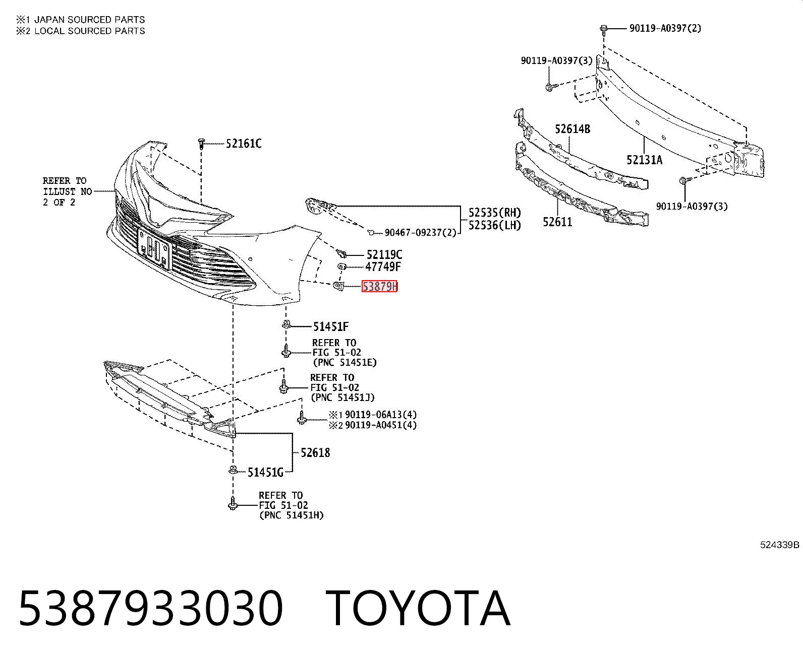 5387933030 Toyota Cápsula (prendedor) de fixação do forro do pára-choque do pára-lama dianteiro