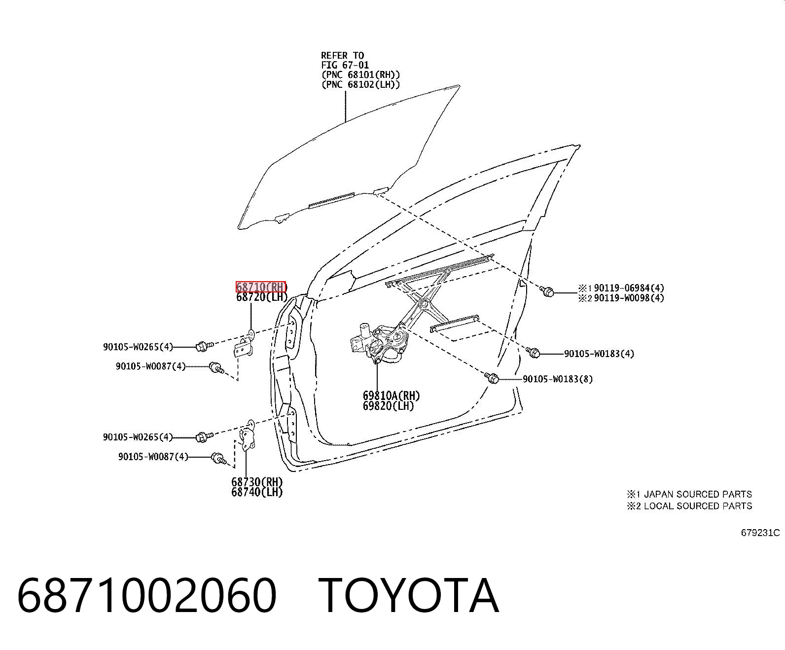 6871002060 Toyota Gozno da porta dianteira direita