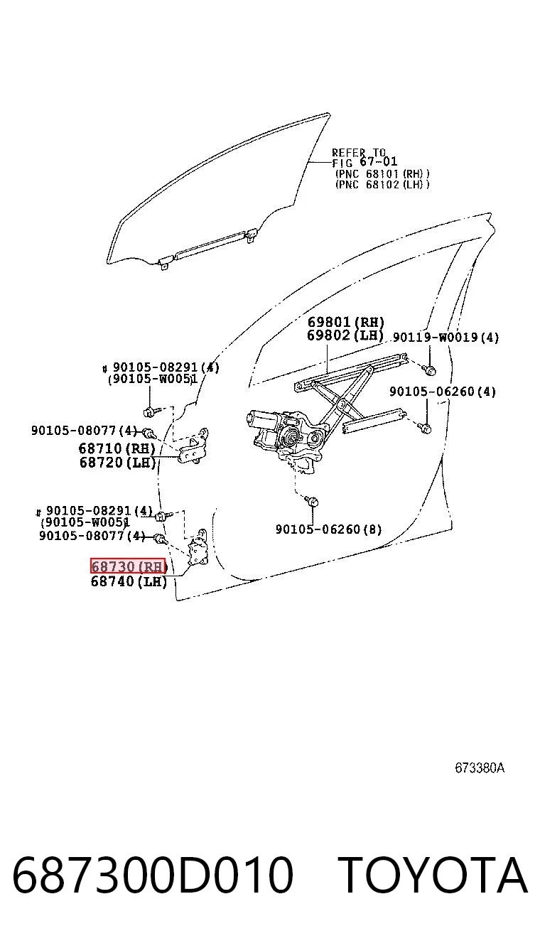 687300D010 Toyota Gozno da porta dianteira direita