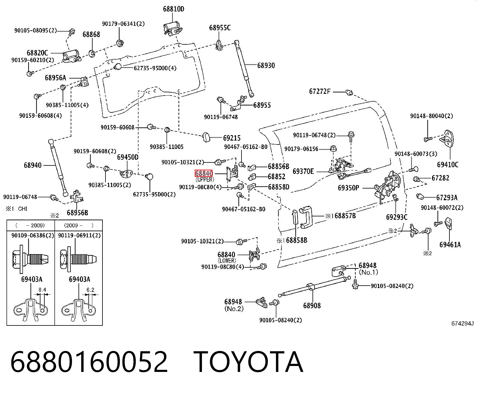 6880160052 Toyota Gozno esquerdo inferior da porta traseira (batente)