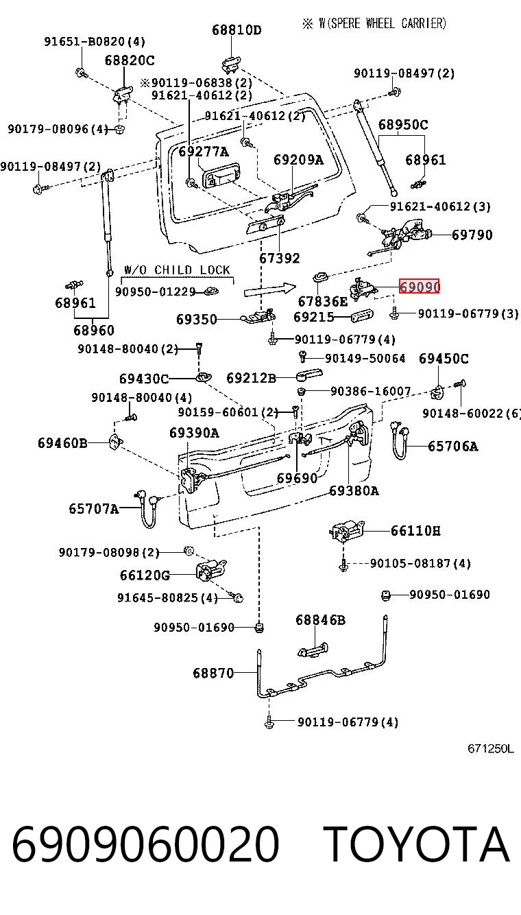 6909060020 Toyota Puxador externo de tampa de porta-malas (de 3ª/5ª porta traseira)