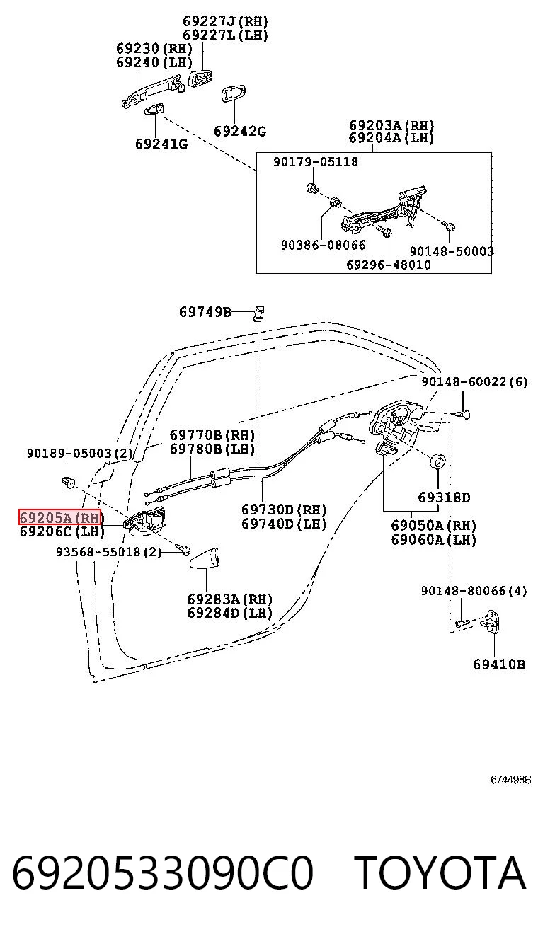 6920533090C0 Toyota Maçaneta interna direita da porta dianteira