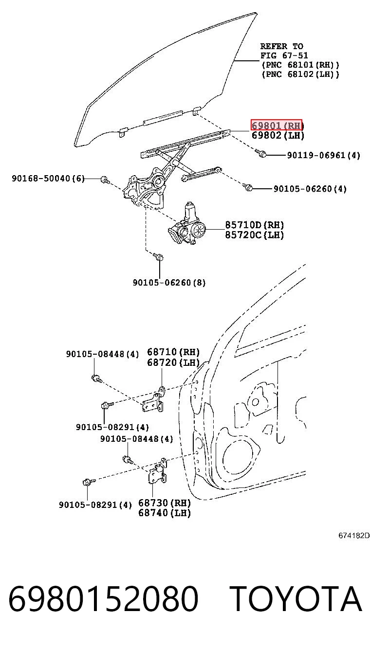 6980152080 Toyota Mecanismo de acionamento de vidro da porta dianteira direita