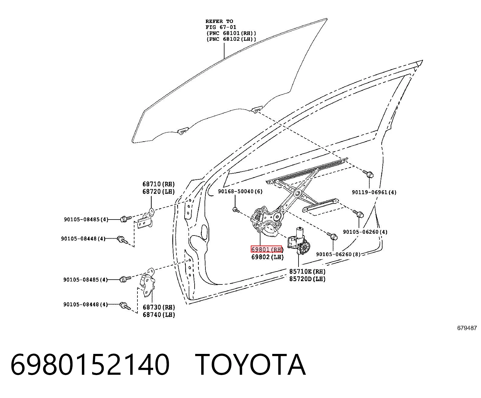 6980152140 Toyota Mecanismo de acionamento de vidro da porta dianteira direita