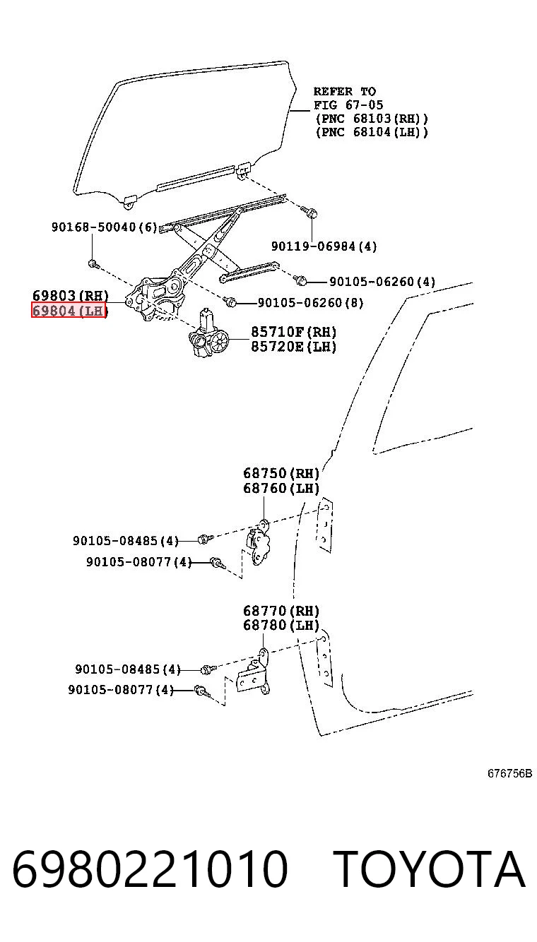 6980221010 Toyota Mecanismo de acionamento de vidro da porta dianteira esquerda