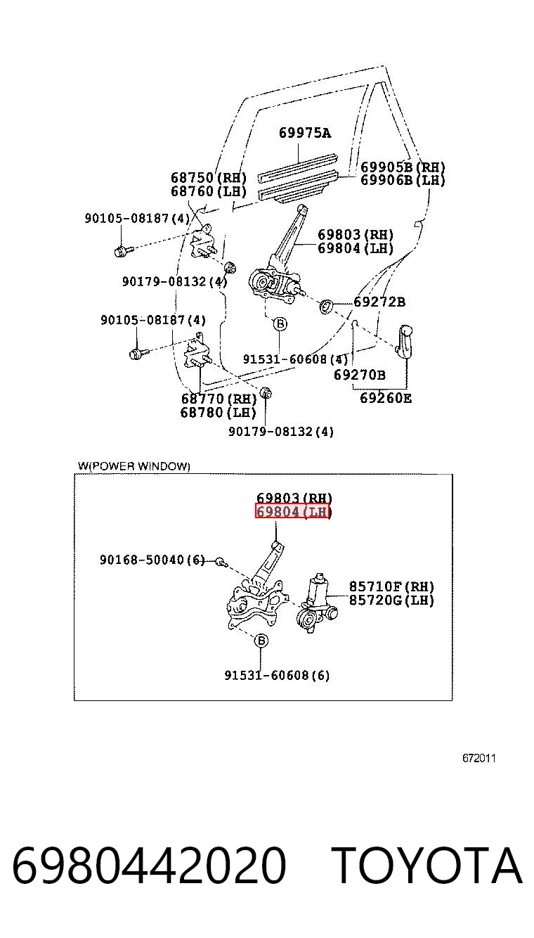 6980442020 Toyota Mecanismo de acionamento de vidro da porta traseira esquerda