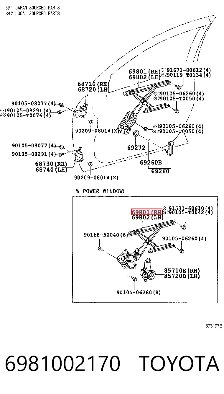 6981002170 Toyota Mecanismo de acionamento de vidro da porta dianteira direita