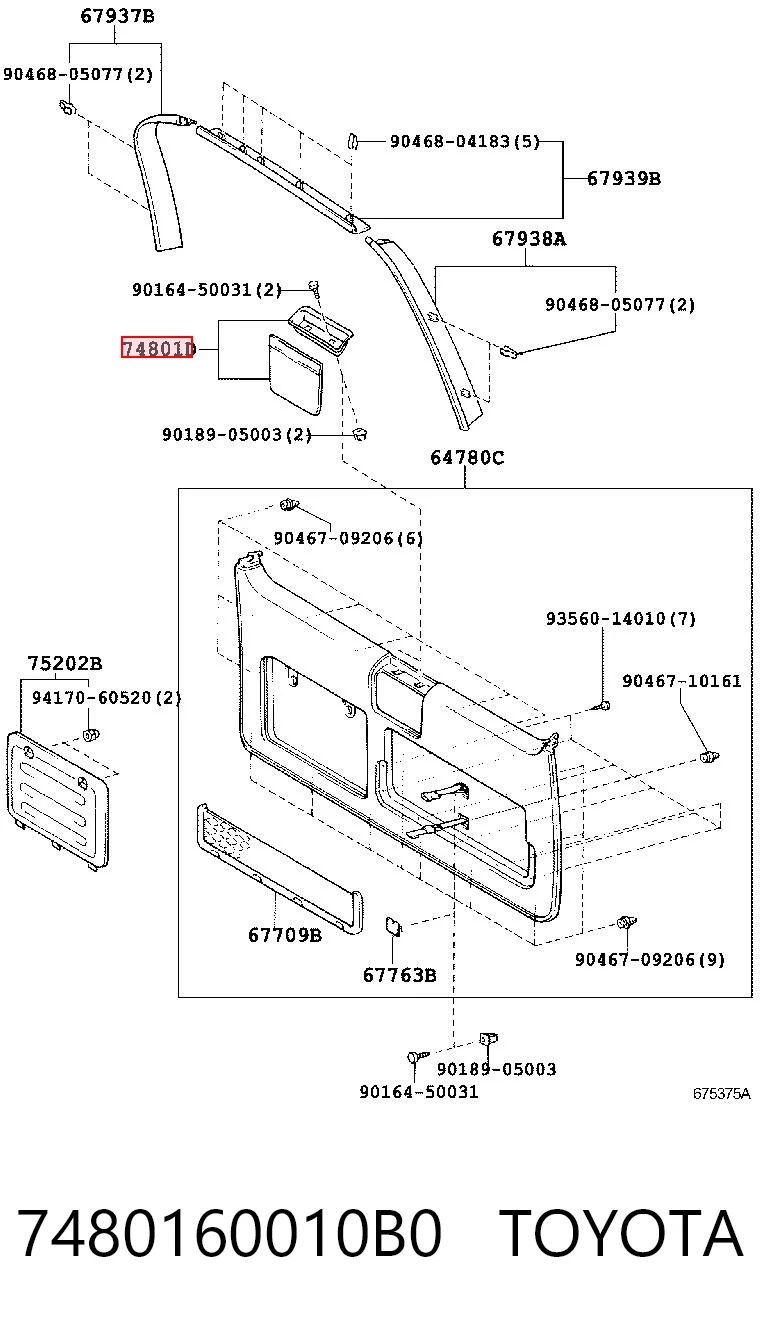 7480160010B0 Toyota Moldura da porta traseira esquerda