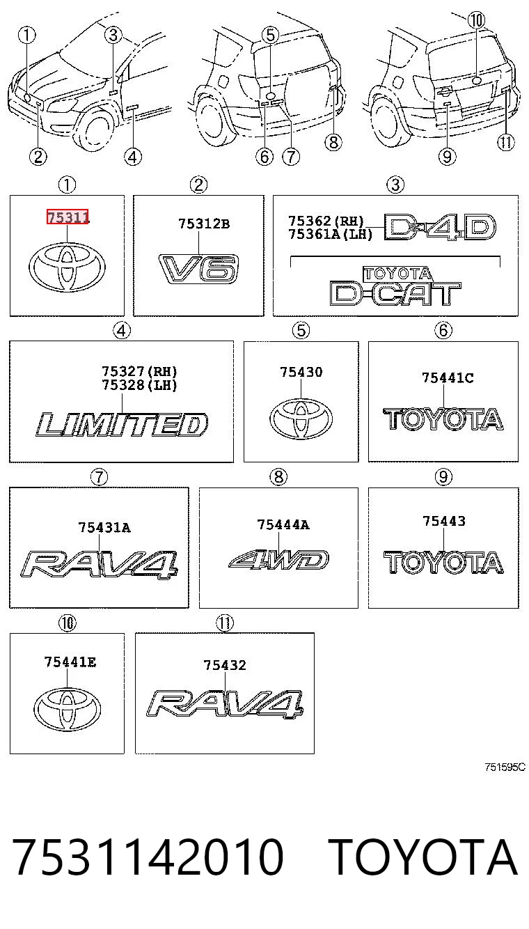 7531142010 Toyota Emblema de grelha do radiador