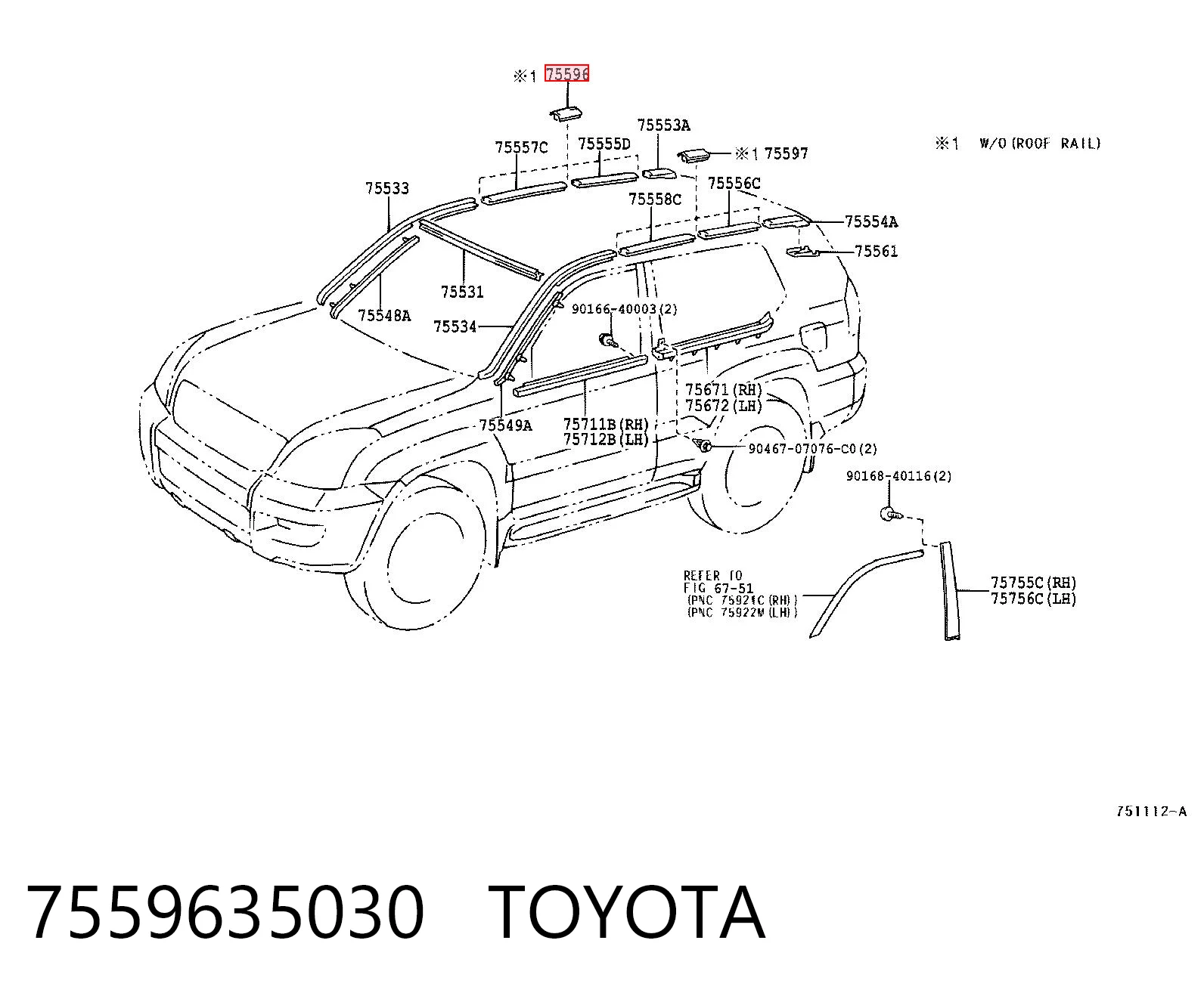 7559635030 Toyota Tampão dianteiro de carril de porta-bagagem do teto