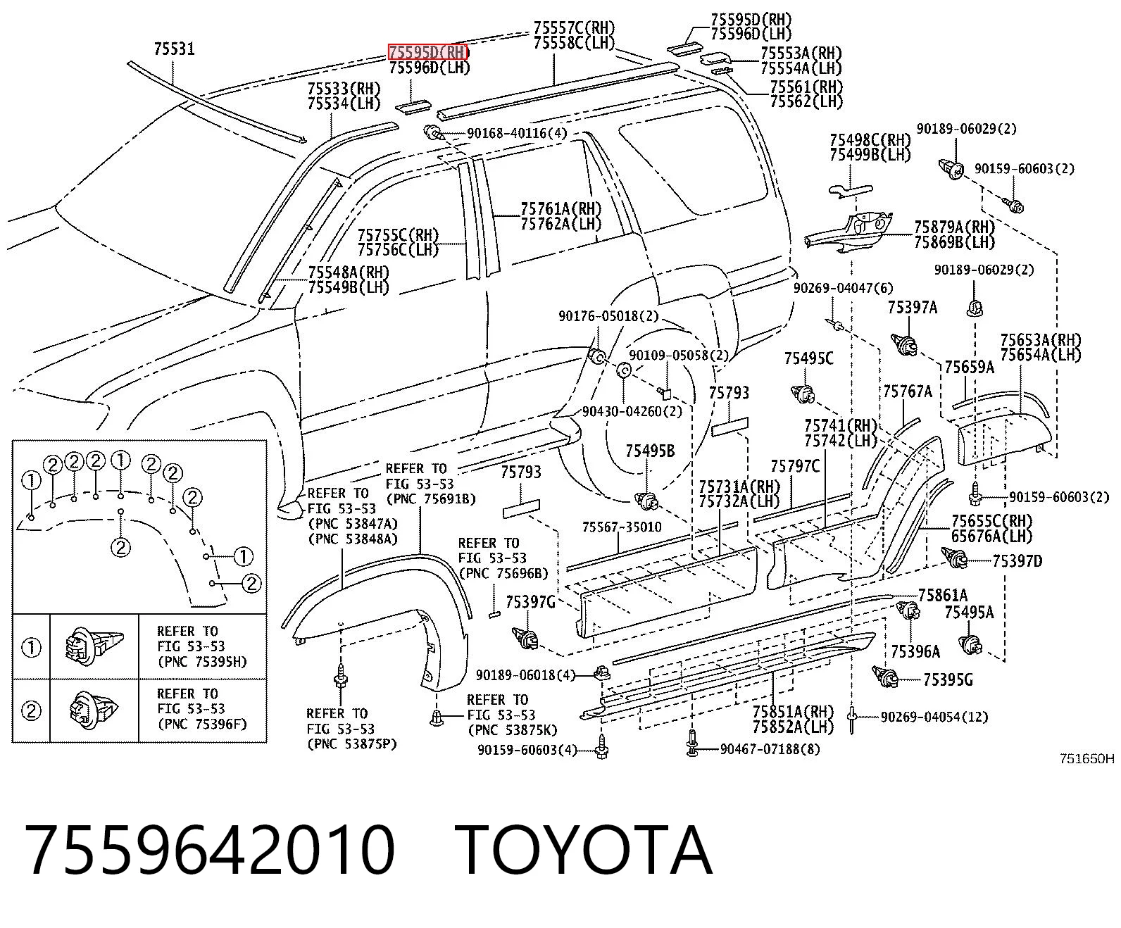 7559642010 Toyota Tampão dianteiro de carril de porta-bagagem do teto