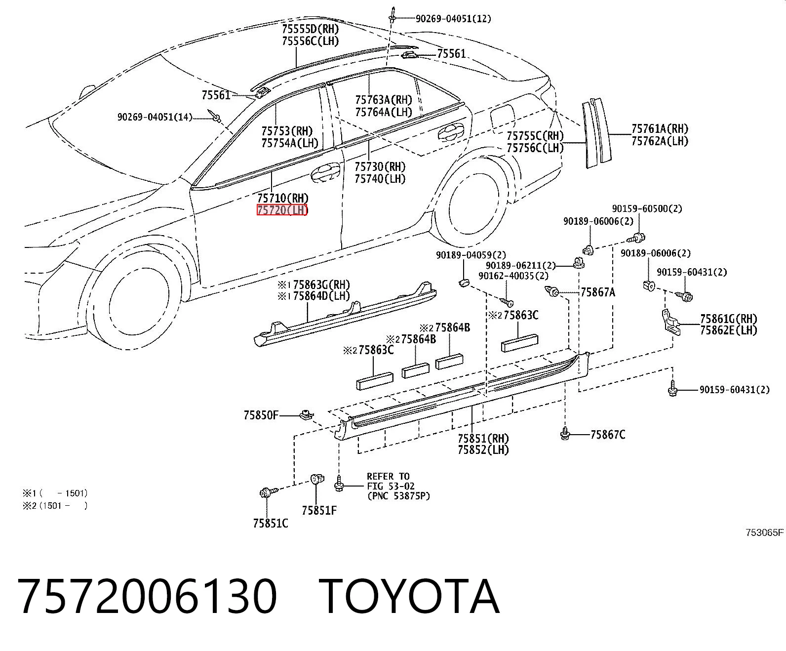 7572006130 Toyota Moldura de vidro deslizante da porta dianteira esquerda