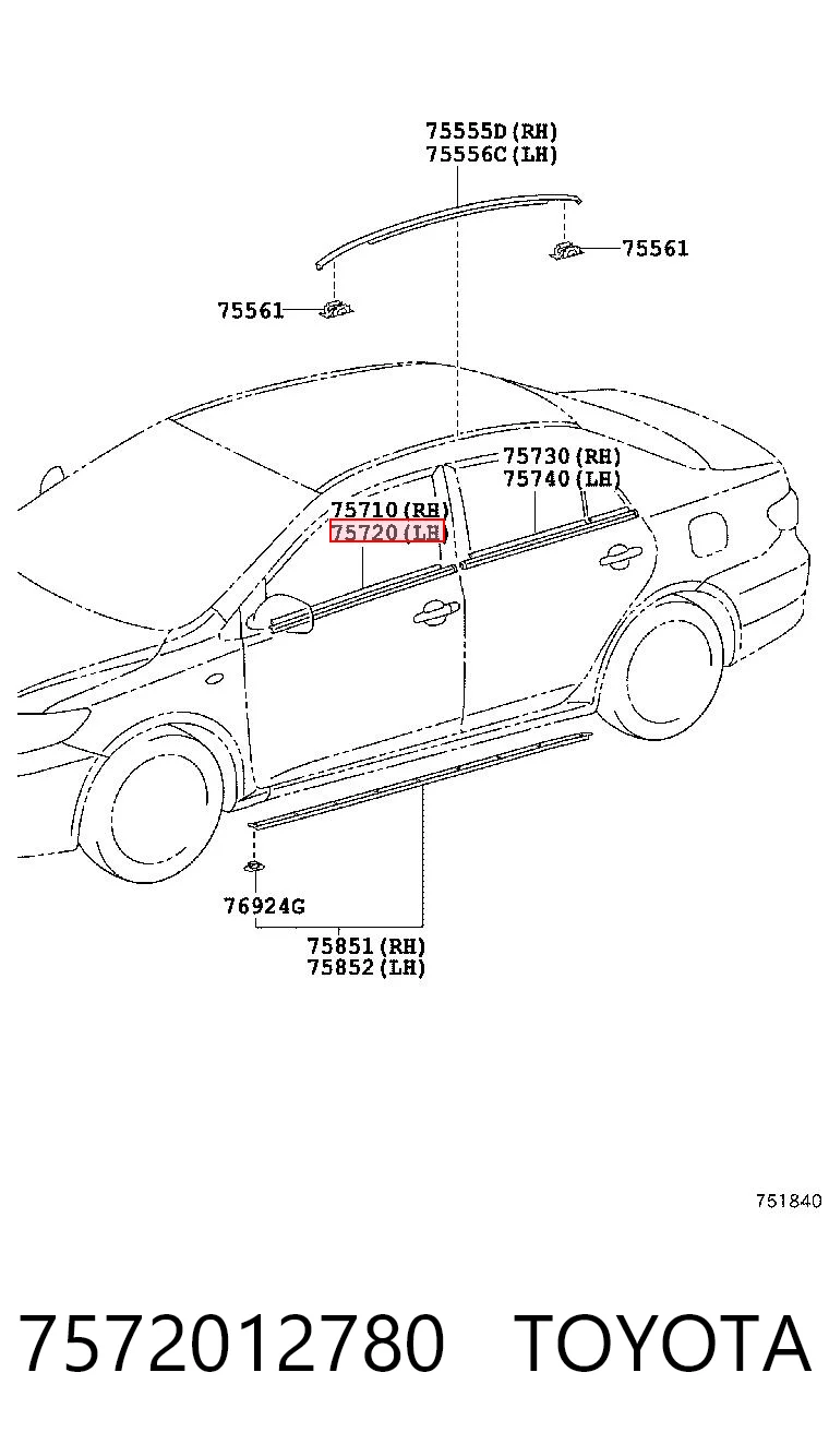 7572012780 Toyota Moldura da porta dianteira esquerda