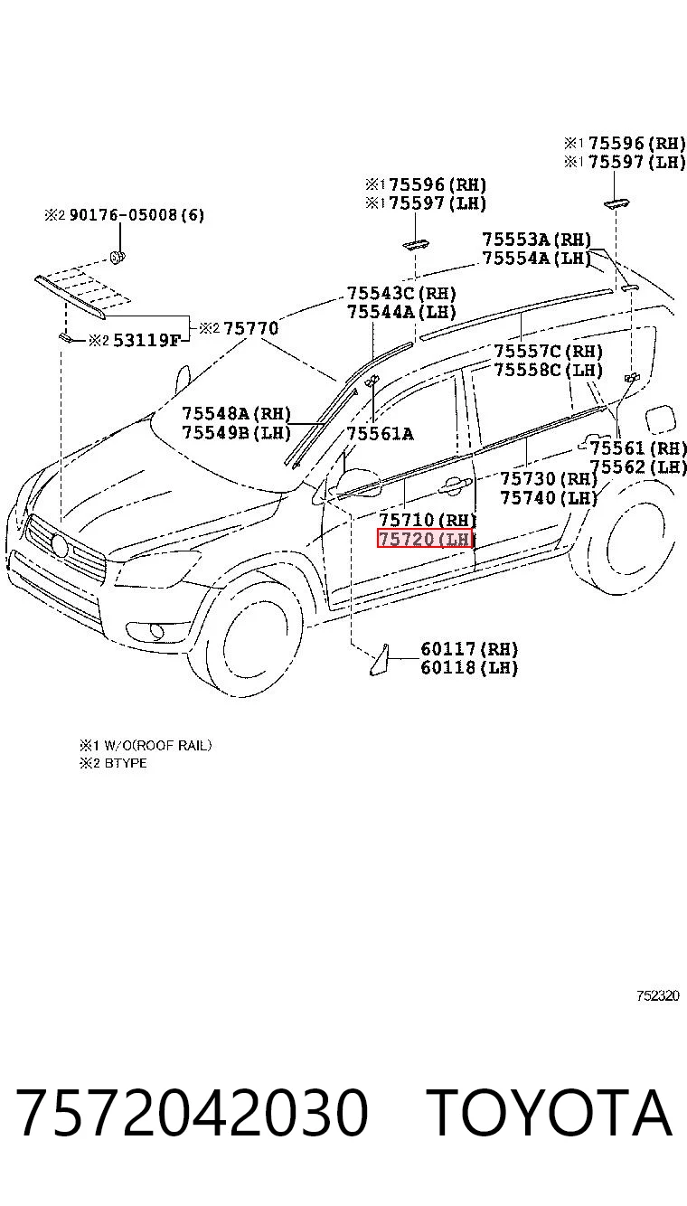 7572042030 Toyota Compactador externo de vidro da porta dianteira esquerda (chapa)
