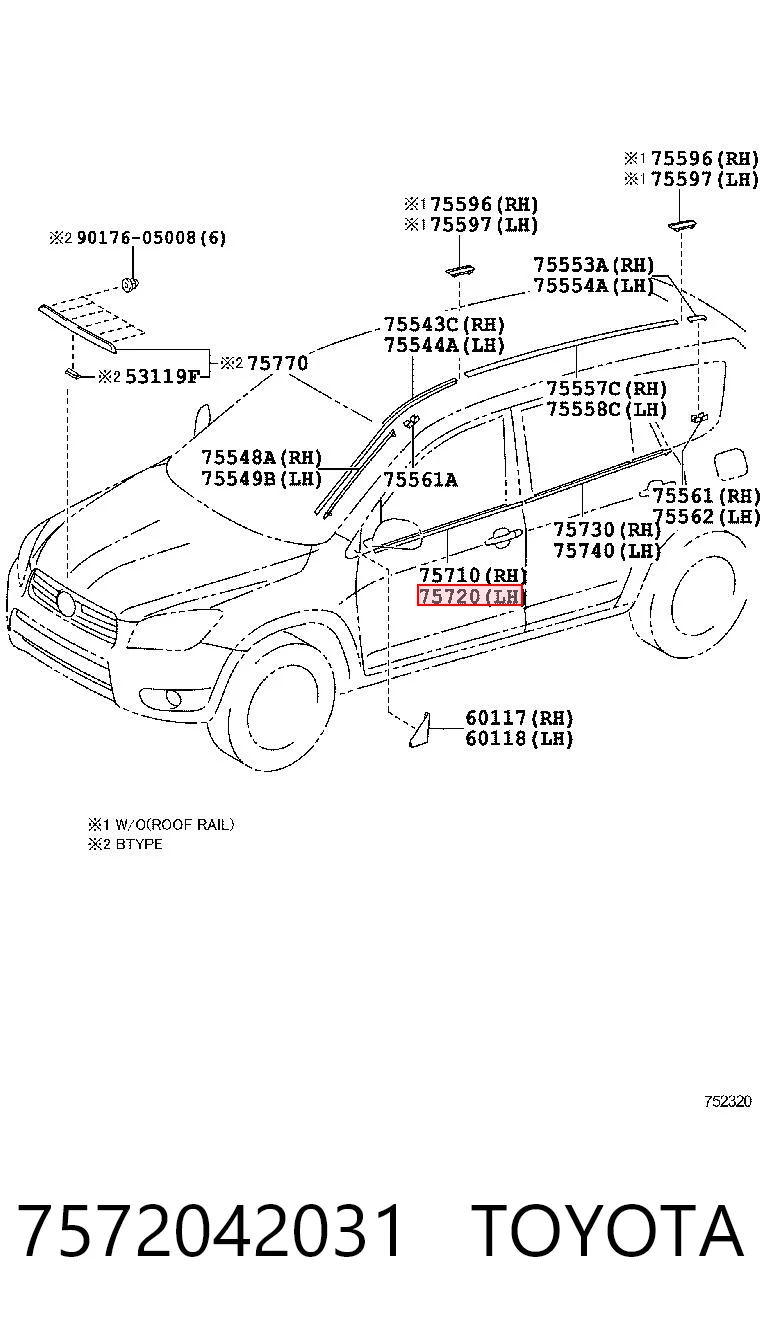 7572042031 Toyota Compactador externo de vidro da porta dianteira esquerda (chapa)