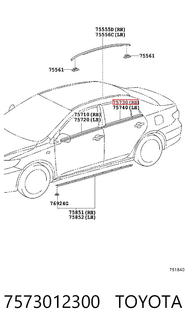 7573012300 Toyota Moldura de vidro deslizante da porta traseira direita