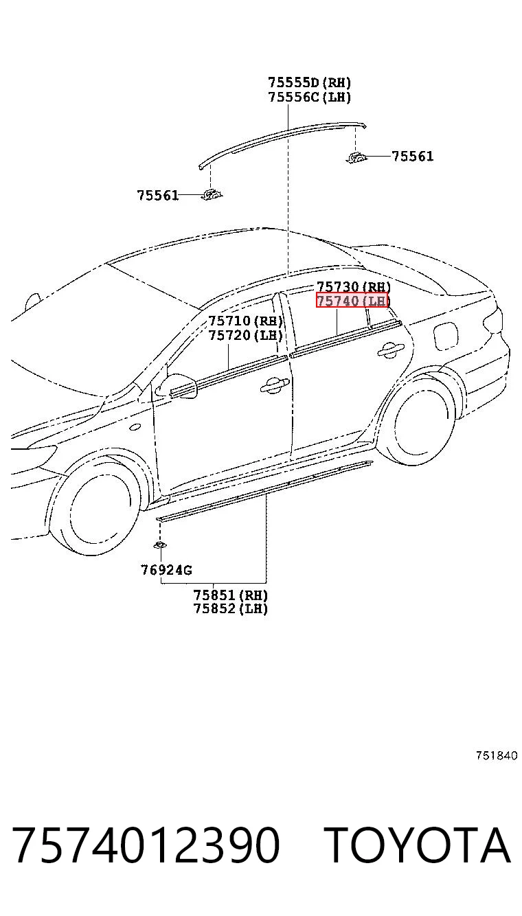 7574012390 Toyota Moldura de vidro deslizante da porta traseira esquerda