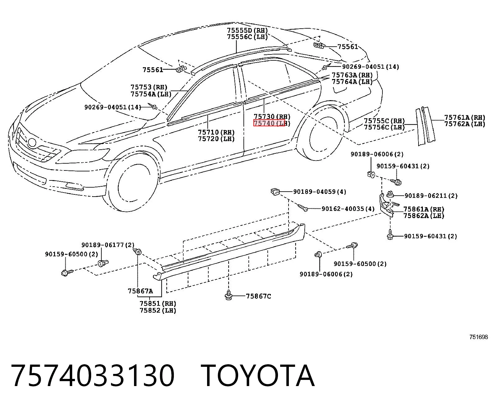 7574033130 Toyota Moldura de vidro deslizante da porta traseira esquerda