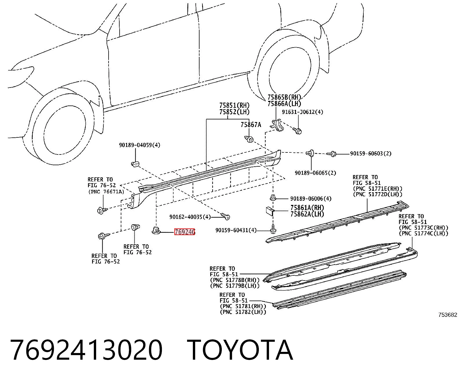 7692413020 Toyota Cápsula (prendedor) de fixação de placas sobrepostas do acesso