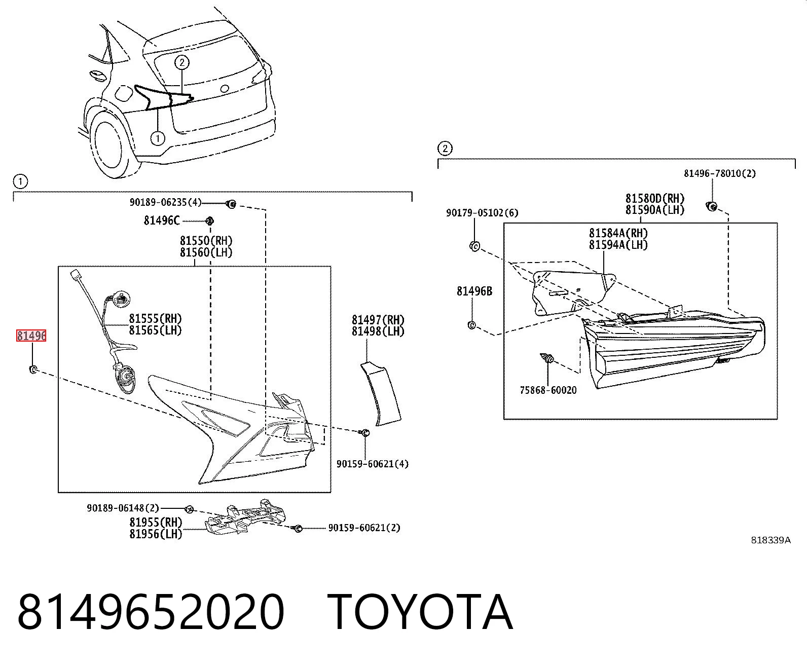 8149652020 Toyota Braçadeira de fixação da luz traseira