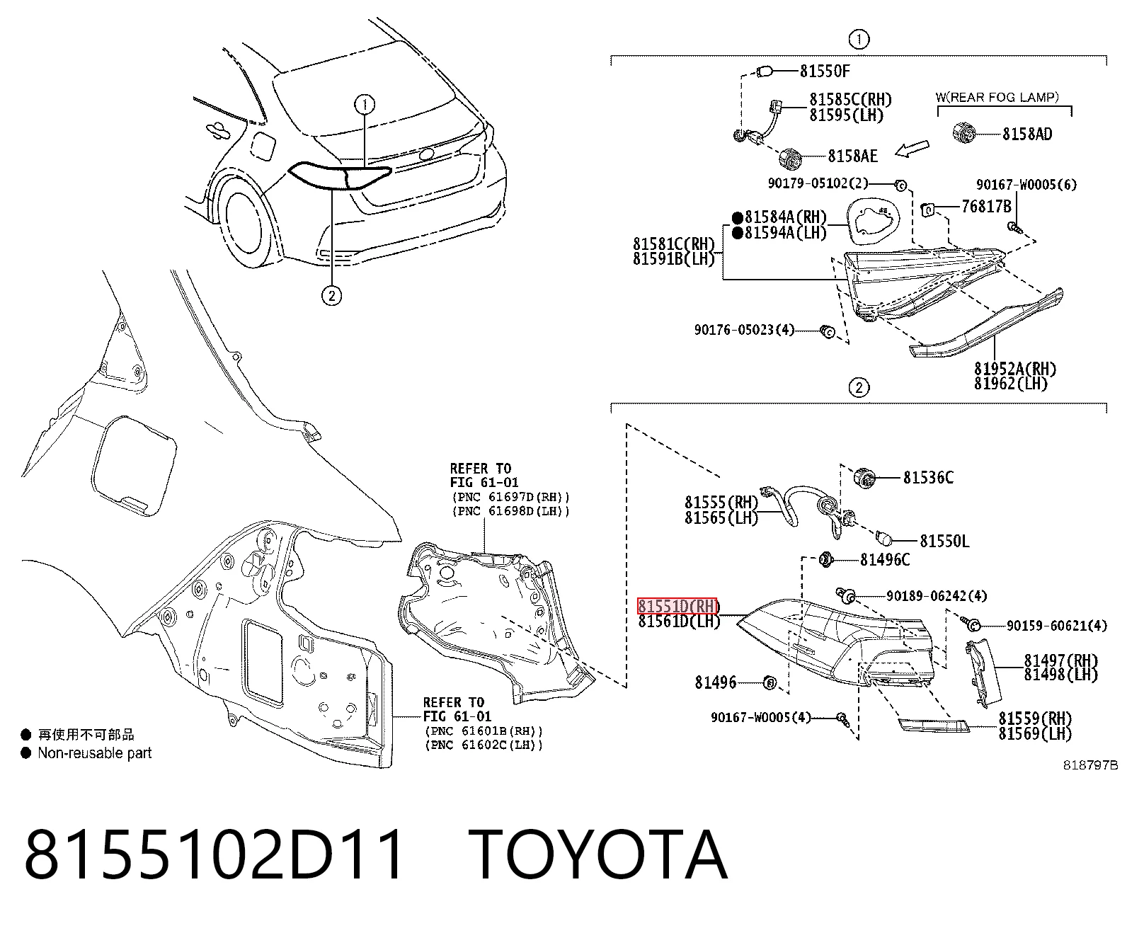 8155102D11 Toyota Lanterna traseira direita externa