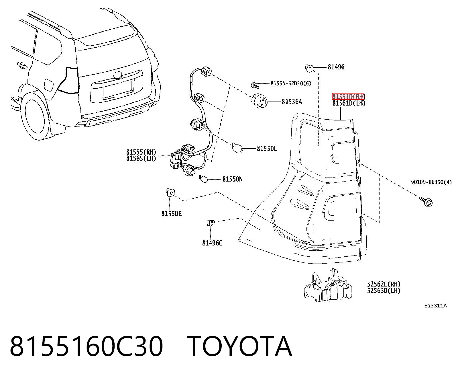 8155160C30 Toyota Lanterna traseira direita