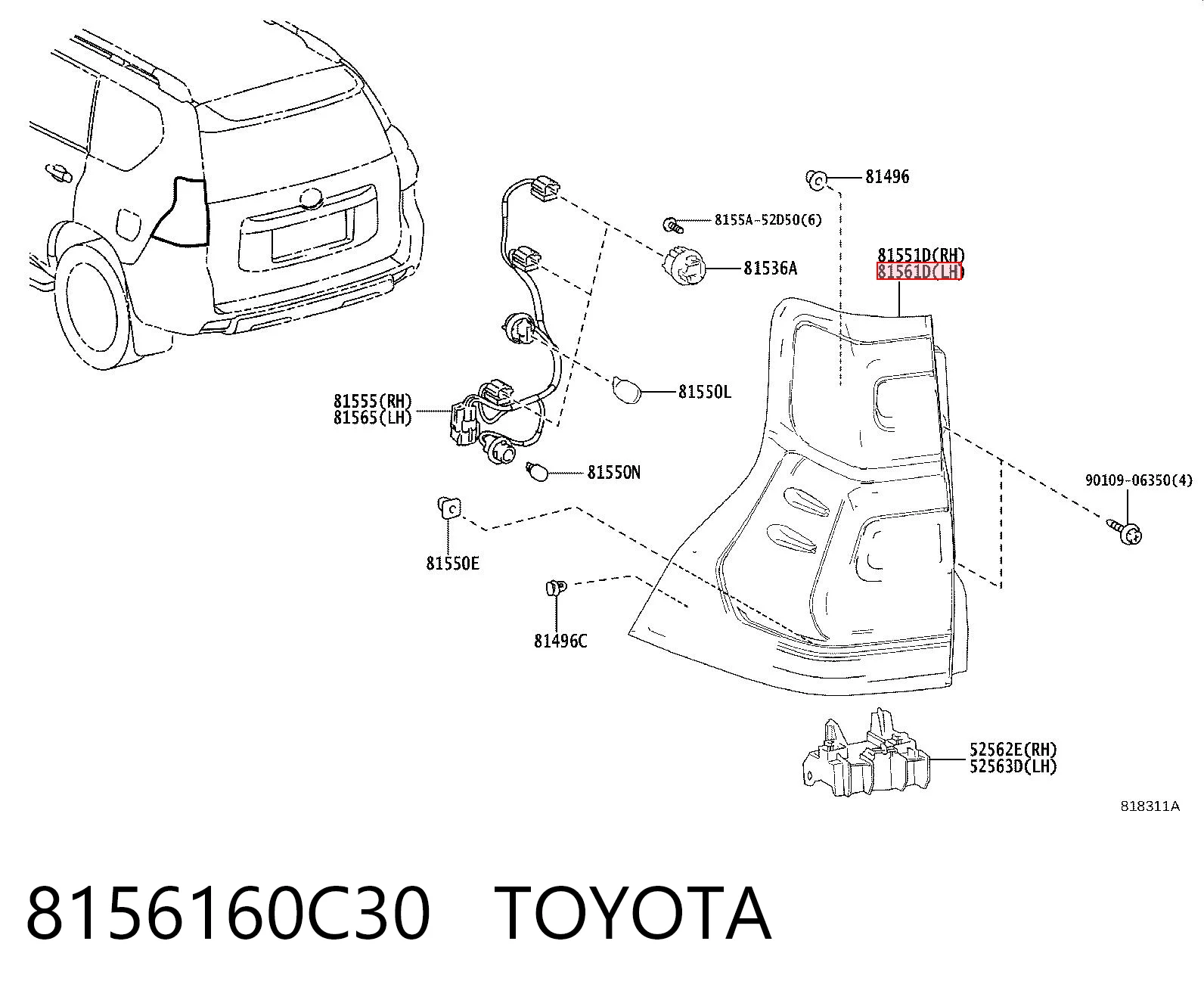 8156160C30 Toyota Lanterna traseira esquerda