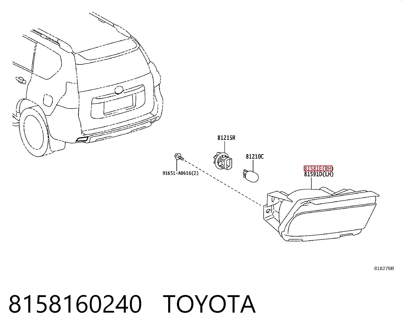 8158160240 Toyota Lanterna de nevoeiro traseira direita