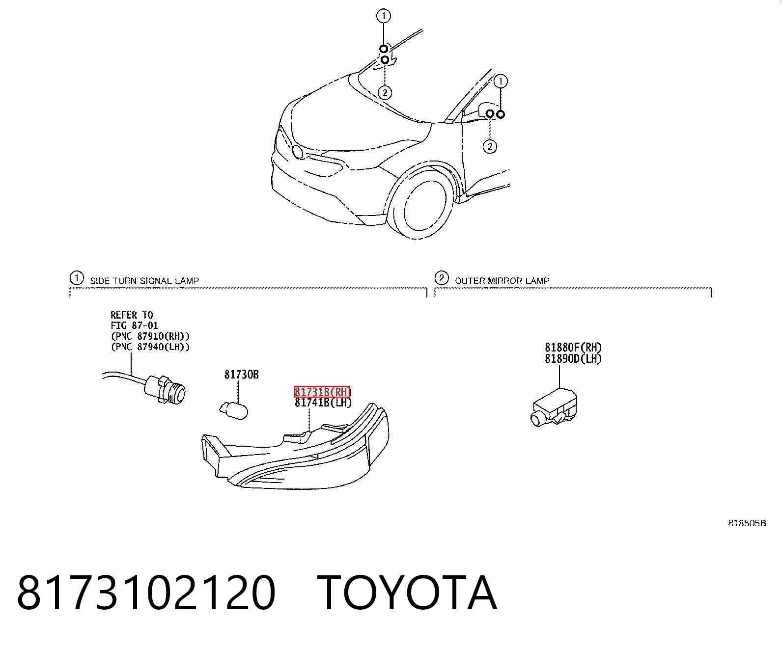 8173102120 Toyota Pisca-pisca de espelho direito