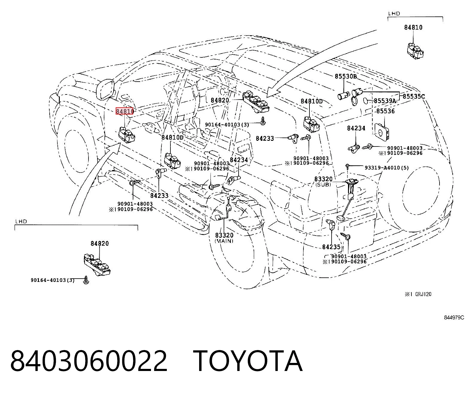 8403060022 Toyota Unidade de botões dianteira esquerda de controlo de elevador de vidro