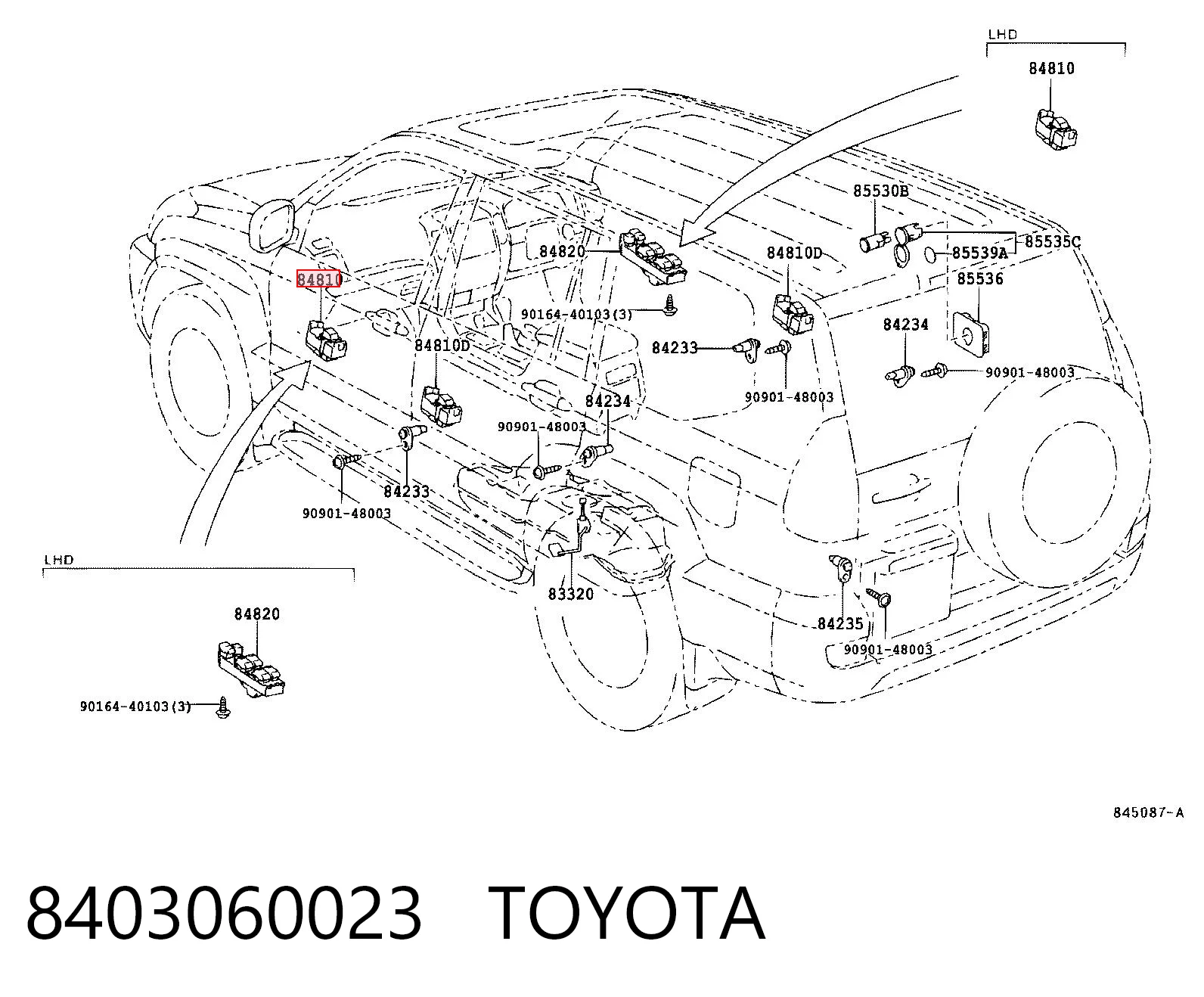 8403060023 Toyota Unidade de botões dianteira esquerda de controlo de elevador de vidro
