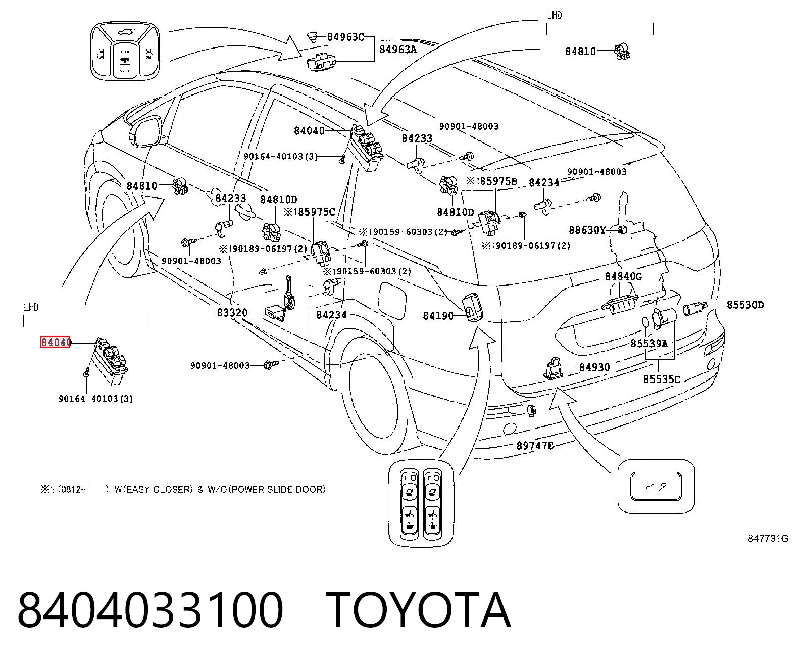 8404033100 Toyota Unidade de botões dianteira esquerda de controlo de elevador de vidro