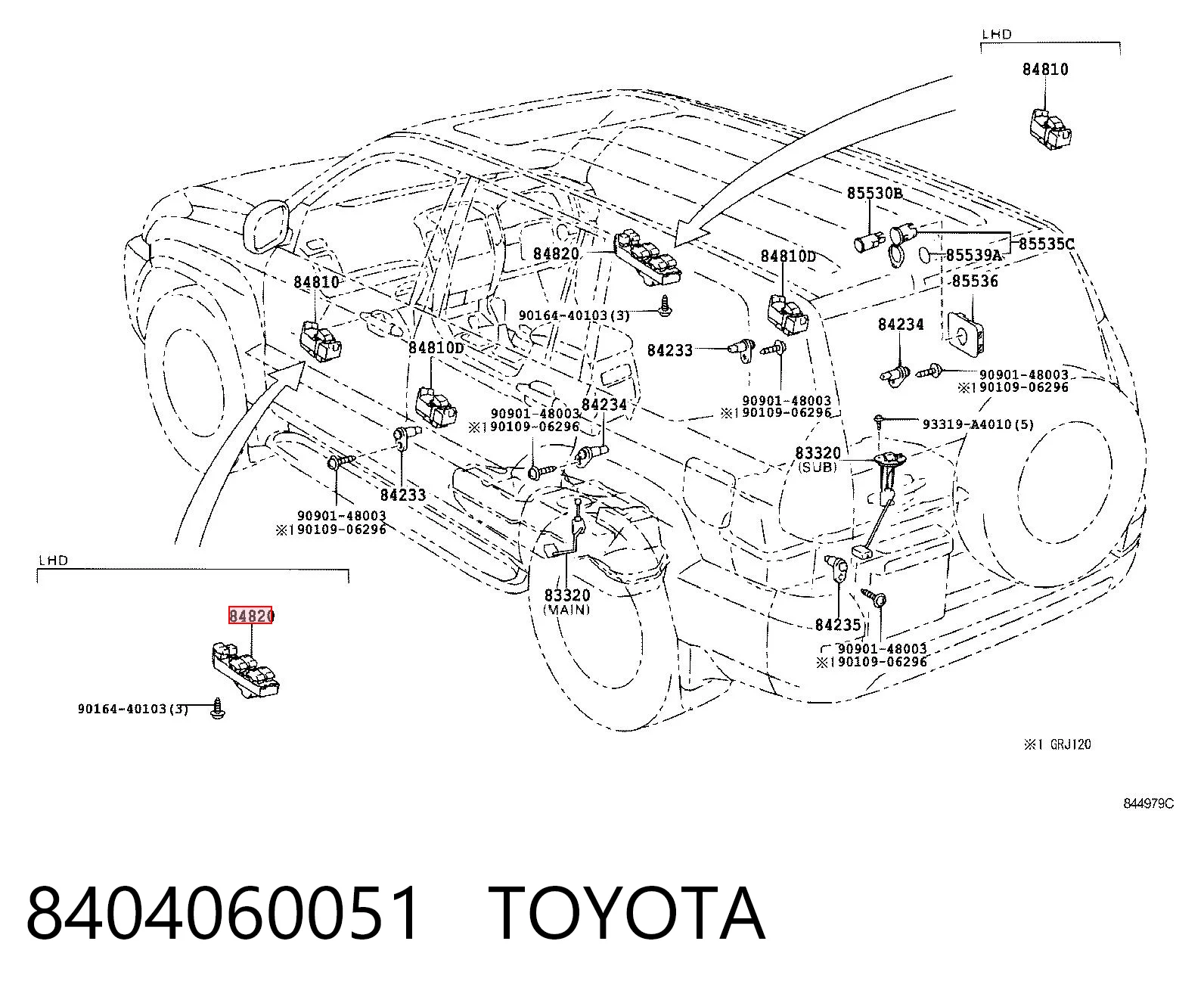 8404060051 Toyota Unidade de botões de controlo de elevador de vidro de consola central