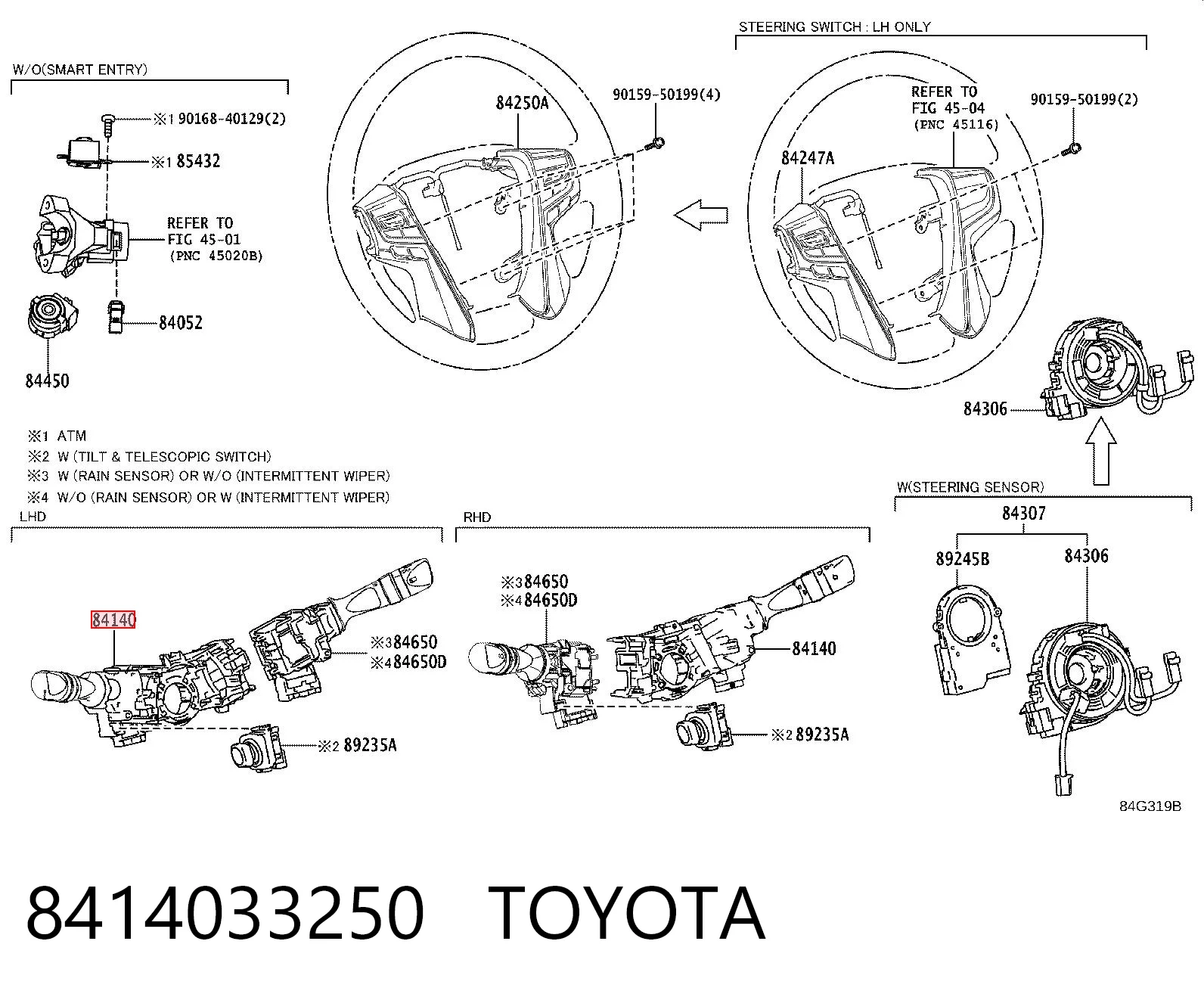 8414033250 Toyota Comutador esquerdo instalado na coluna da direção